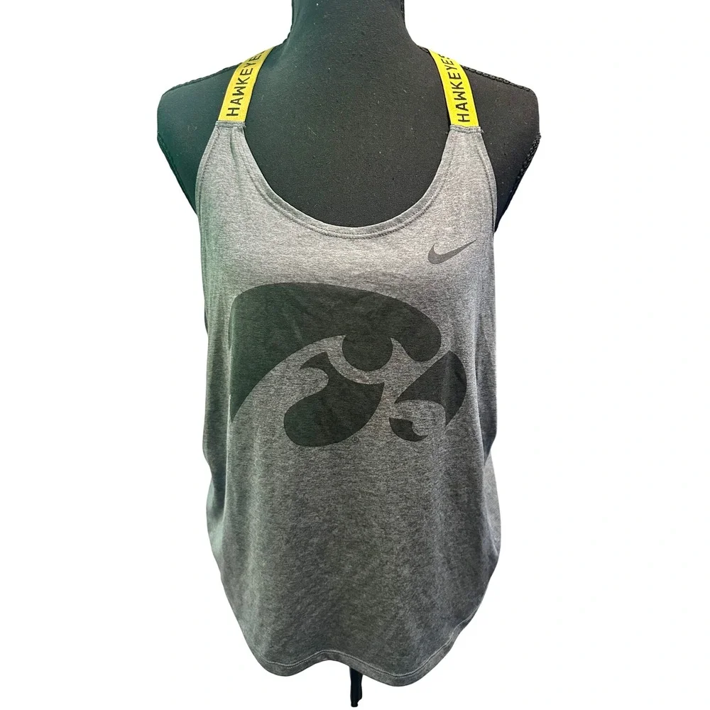 Nike Dri-FIT Iowa Hawkeyes Women Large Gray Racerback Tank Top Yellow Straps